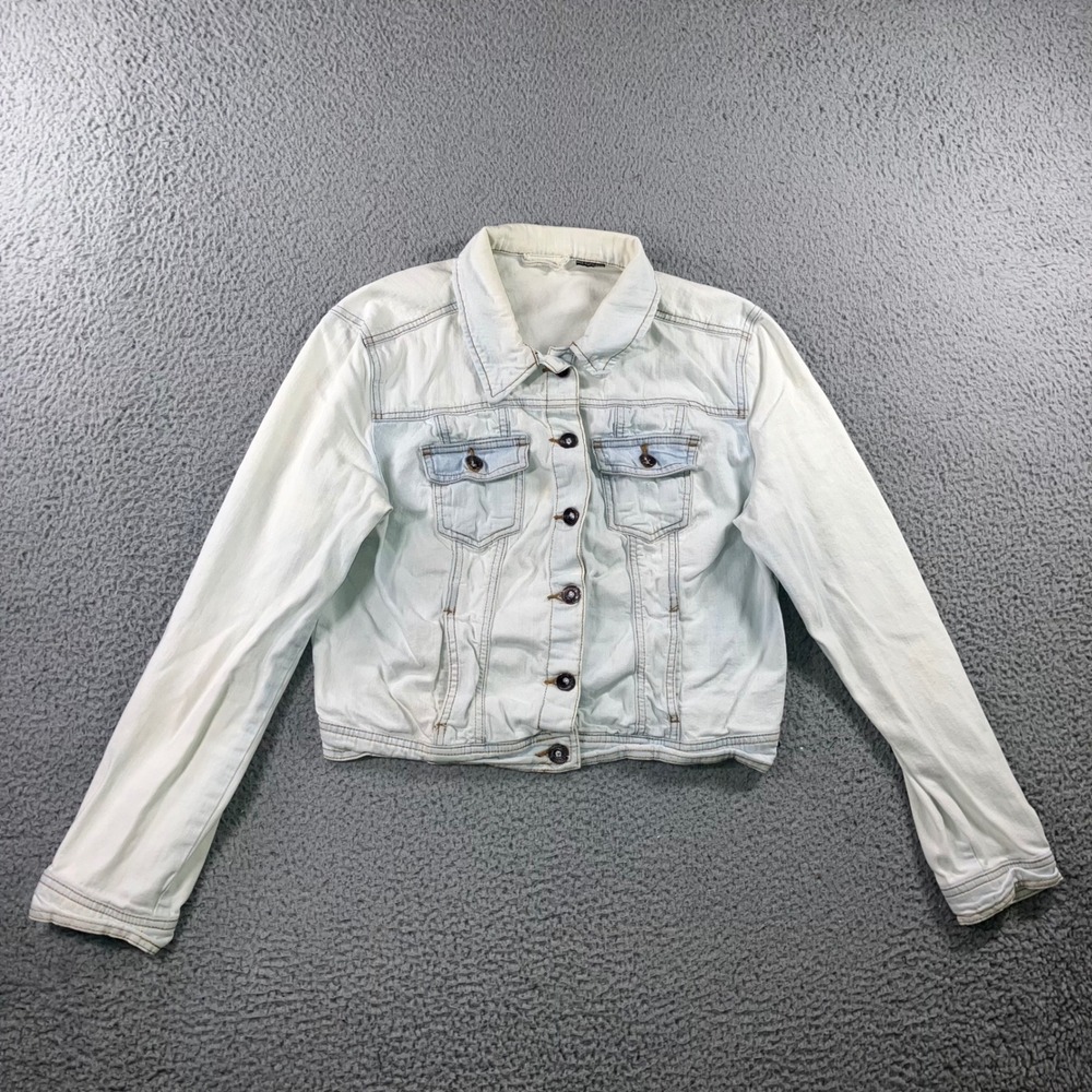 Y2K Cropped Light Wash Denim Jacket L Bleached Two Tone Colorblock Streetwear